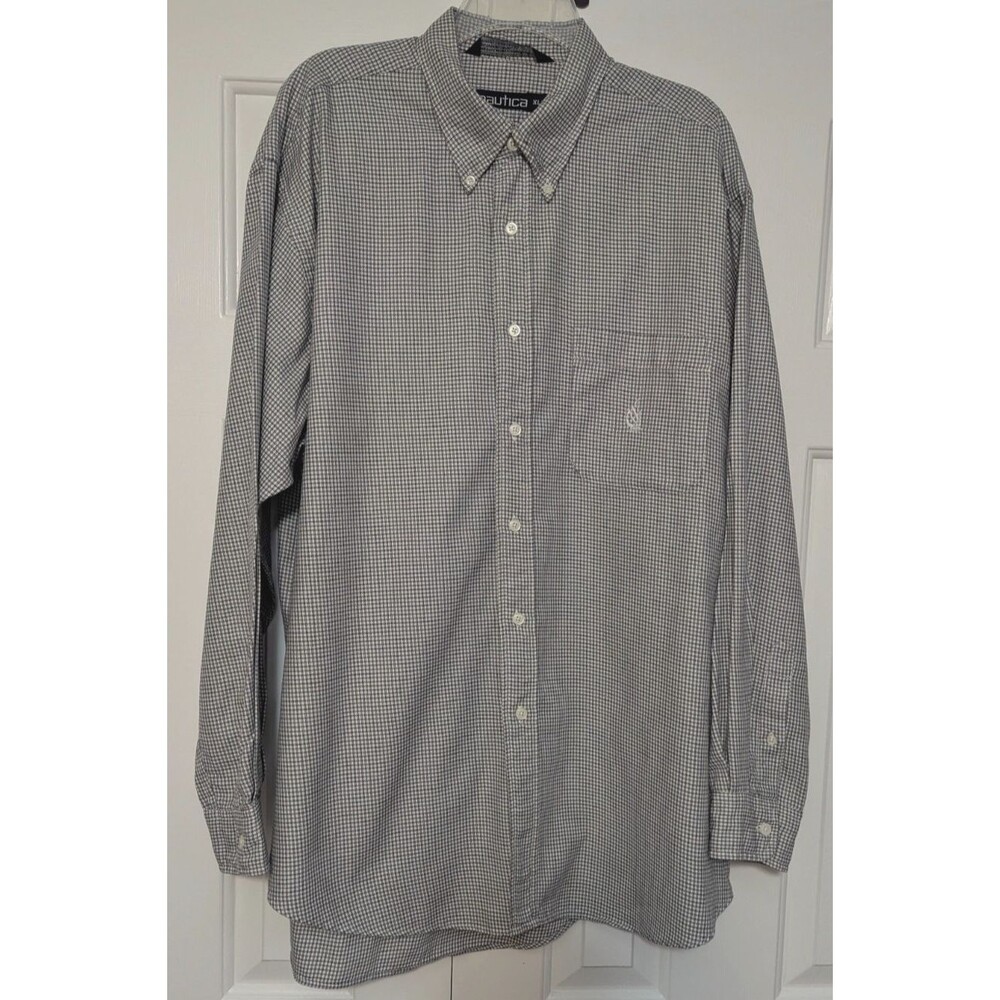 Vintage Nautica Long Sleeve Men's XL Cotton Black/White Micro-Check - See flaw